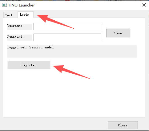 HNO Launcher 的 Login 标签与 Register 按钮