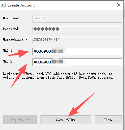 填写两个 MAC 后点击 Save HWIDs